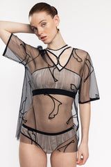 Liis V-neck Tulle T-Shirt - Black