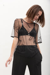 Liis Velvet Cat Tulle T-Shirt - Black