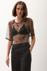 Liis Velvet Cat Tulle T-Shirt - Black