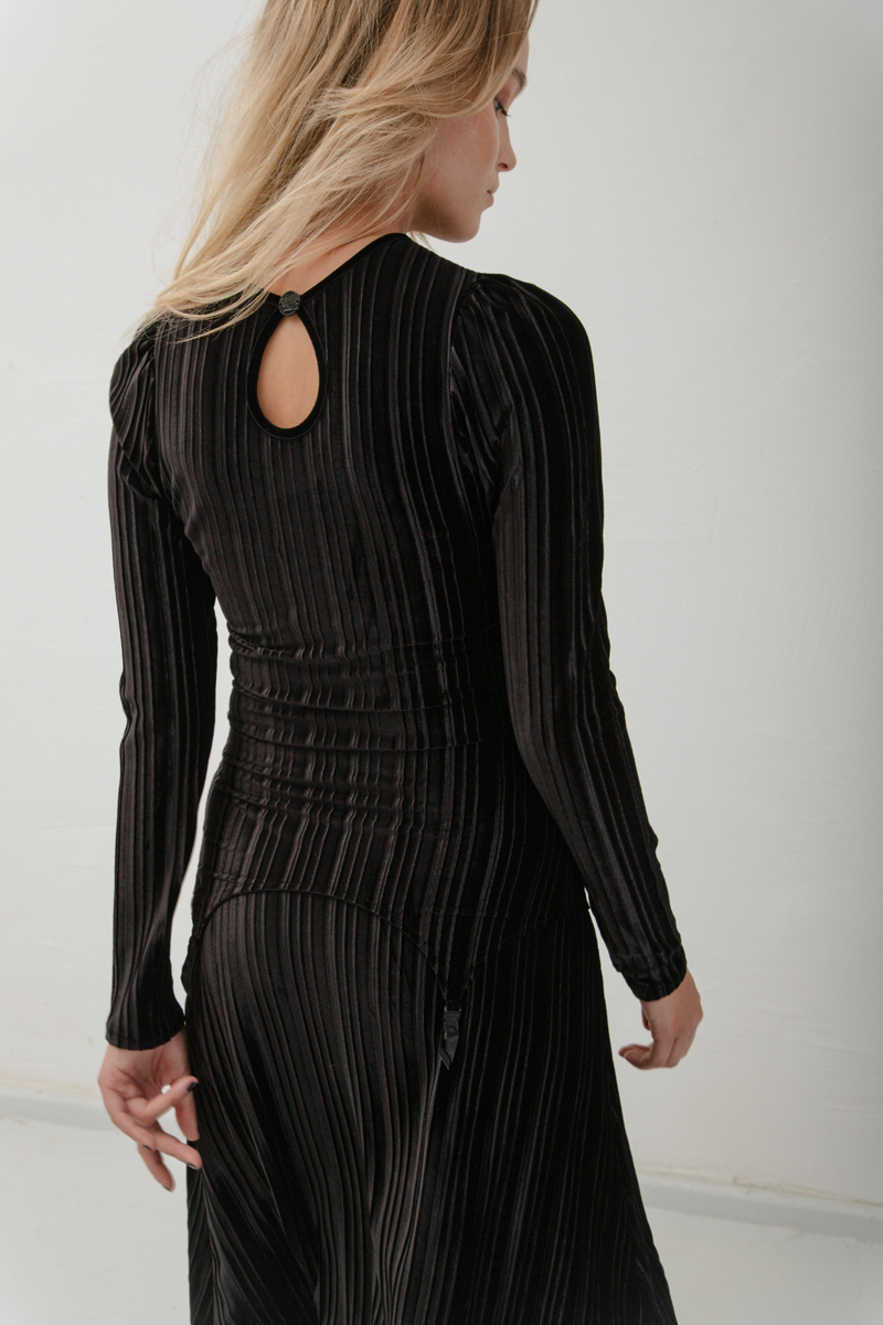 Krista Pleated Velvet Suspender Top  - Black